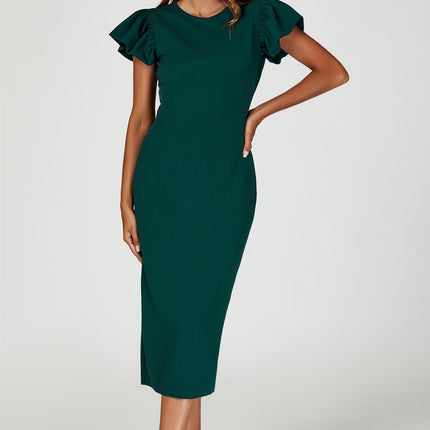 Volume Sleeve Bodycon Midi Dress In Green