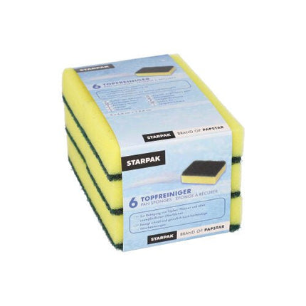 Starpak 6 Topfreiniger, Schwamm eckig 2,6 cm x 9 cm x 6,6 cm gelb/grün , kratzend | Banderole (6 Stück)