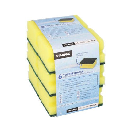 Starpak 6 Topfreiniger, Schwamm eckig 4,1 cm x 9,5 cm x 6,8 cm gelb/grün mit Griffrille, kratzend | Banderole (6 Stück)