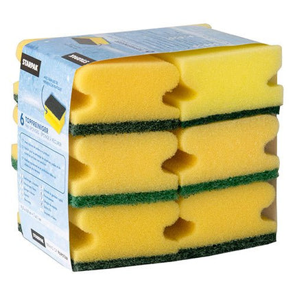 Starpak 6 Topfreiniger, Schwamm eckig 4,1 cm x 9,5 cm x 6,8 cm gelb/grün mit Griffrille, kratzend | Banderole (6 Stück)