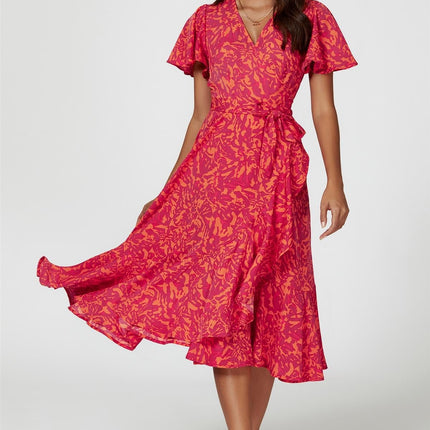 Abstract Print Midi Wrap Dress In Fuchsia