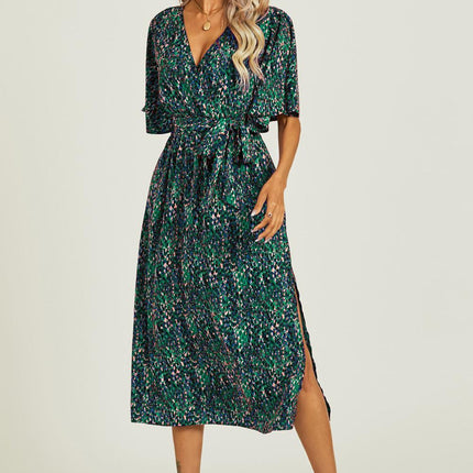 Angel Sleeve Wrap Top Midi Dress In Green