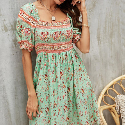 Boho Mini Dress With Pink Floral Print In Mint Green