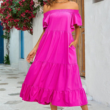 Off Shoulder Bardot Frill Midi Dress In Fuchsia Pink