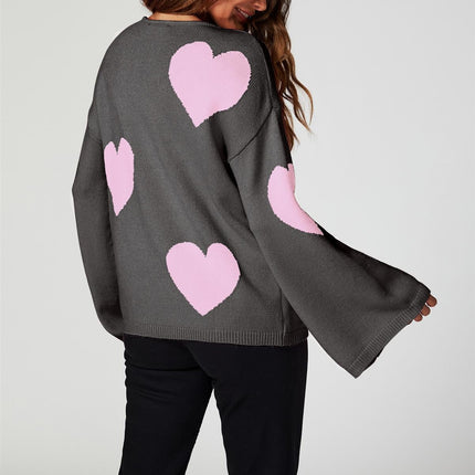 Heart Patten Wide Sleeve Oversize Jumper In Dark Grey