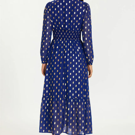 Lace Trim Foil Long Sleeve Maxi Dress In Royal Blue