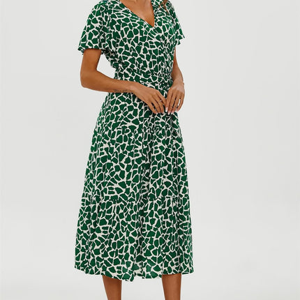 Geo Print Hem Tiered Wrap Midi Dress In Green