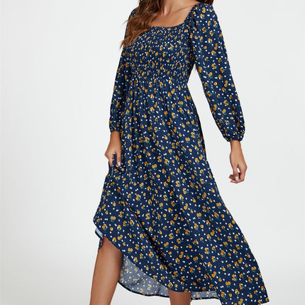 Floral Print Square Neck Maxi Dress In Dark Blue