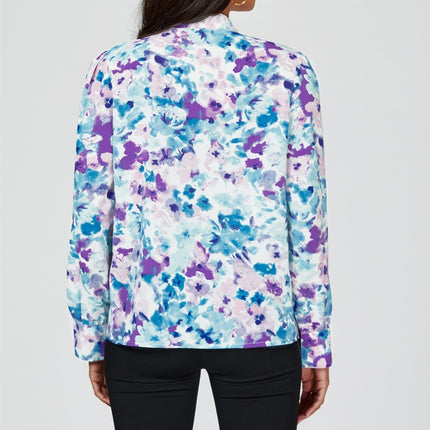 Abstract Floral Print Tie Detail long sleeve Blouse Top In Blue