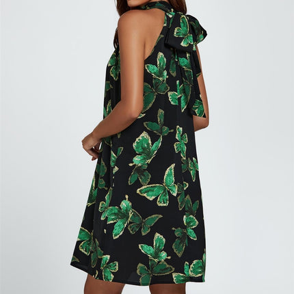 Butterfly Print Halter Neck Tie Back Mini Dress In Green
