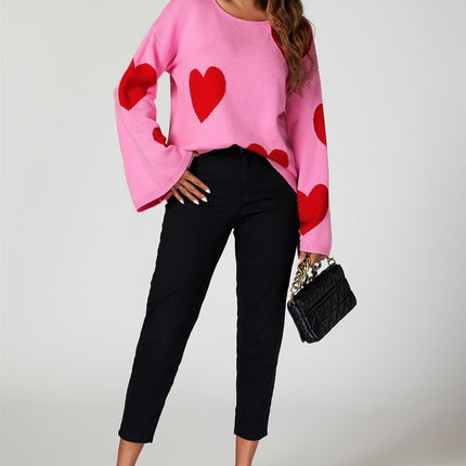 Wide Sleeve Oversize Red Jumper With Pink Heart