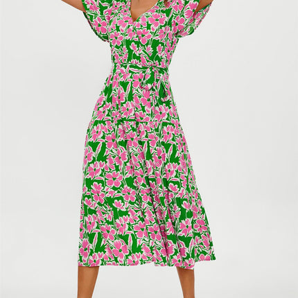 Pink Floral Print Hem Tiered Wrap Midi Dress In Green