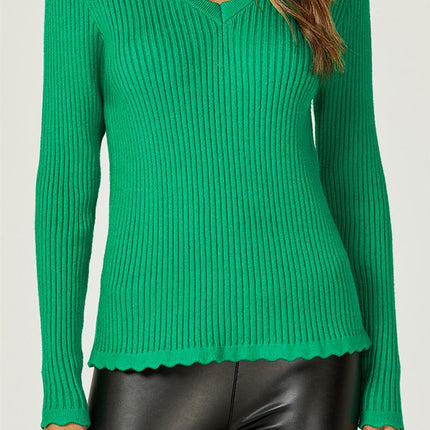 Scallop Crochet Trim V Neck Stretch-Knitted Jumper In Green