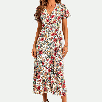 Angel Sleeve Hem Detail Midi Wrap Dress in Offwhite