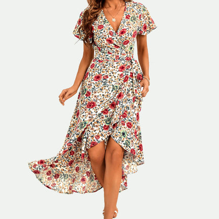 Angel Sleeve Hem Detail Midi Wrap Dress in Offwhite