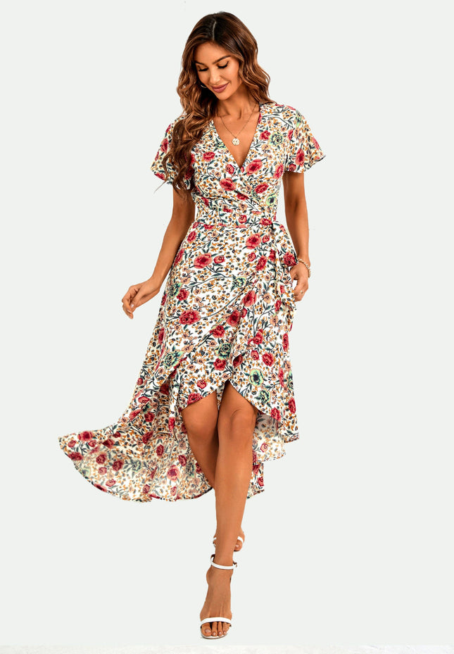 Angel Sleeve Hem Detail Midi Wrap Dress in Offwhite