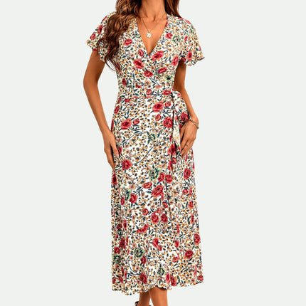 Angel Sleeve Hem Detail Midi Wrap Dress in Offwhite