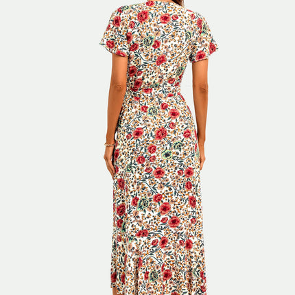 Angel Sleeve Hem Detail Midi Wrap Dress in Offwhite