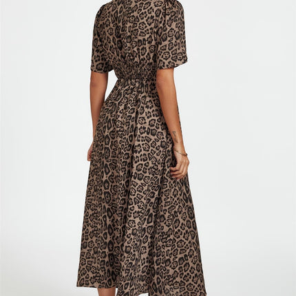 Leopard Print V Neck Midi Dress In Brown