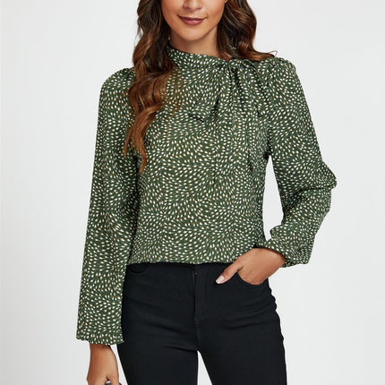 Floral Print Side Tie Blouse Top In Olive