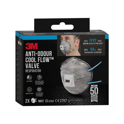 3M™ Cool Flow™ Partikelmaske 9922, FFP2, geruchshemmend, mit Ventil, 2er-Pack | Packung (1 Stück)