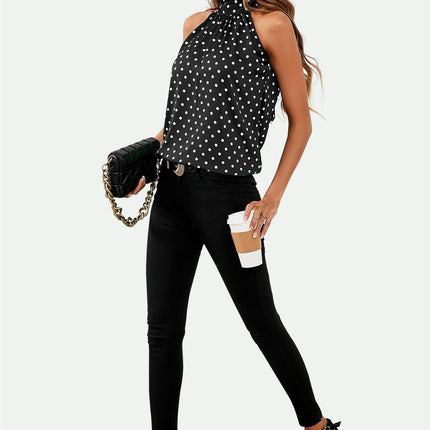 Polka Dot Print Halter Neck Tie Back Top In Black