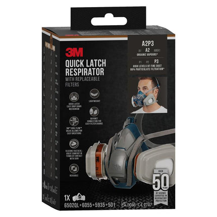 3M™ Quick Latch-Atemschutzmaske 6502QLKIT-1 mit austauschbaren Filtern, A2P3 organische Dämpfe (1x6502, 2x6055, 2x5935, 2x501) | Packung (1 Stück)