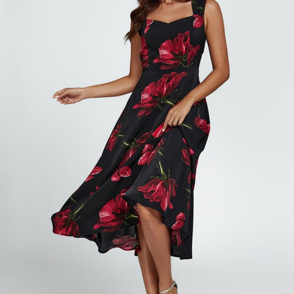 Floral Print Heart Neck Midi Dress In Black