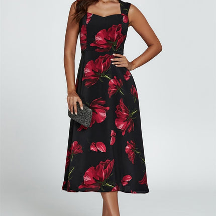 Floral Print Heart Neck Midi Dress In Black