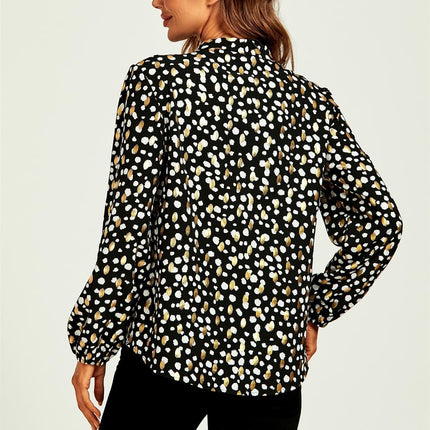 Gold Foil Leopard Print Pussybow Blouse/Top In Black
