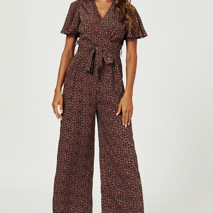 Leopard Print Wrap Top Jumpsuit In Rusty