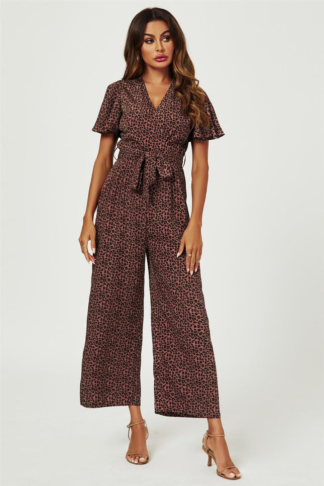 Leopard Print Wrap Top Jumpsuit In Rusty