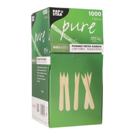 PAPSTAR Pommes-Frites-Gabeln "pure", Holz, 8,5 cm | Packung (1000 Stück)