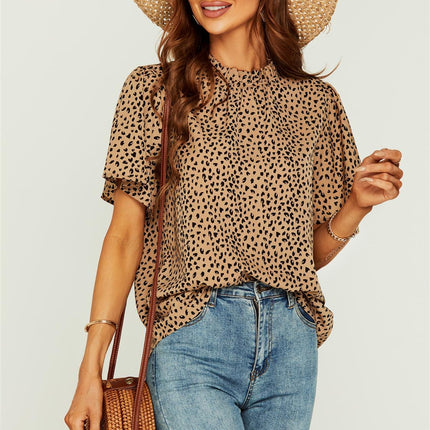 Little Heart Print Angle Sleeve High Neck Top/Blouse In Beige
