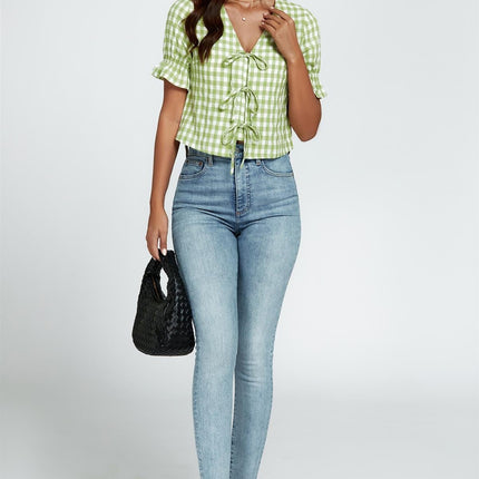 Check Print Tie Front Top In Green