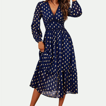 Lace Trim Foil Long Sleeve Maxi Dress In Navy