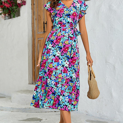 Multi Colour Floral Print Wrap Dress In Navy