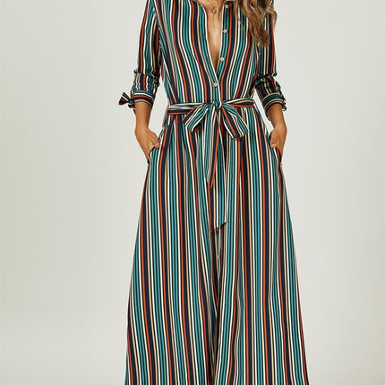 Stripe Print Maxi Shirt Dress In Navy