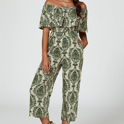 Off The Shoulder Print Frill Jumpsuit In Green