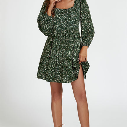 Little Floral Print Square Neck Mini Dress In Olive Green