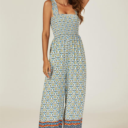 Geo Print Stretchy Smocked Wide Leg Jumpsuit In Blue