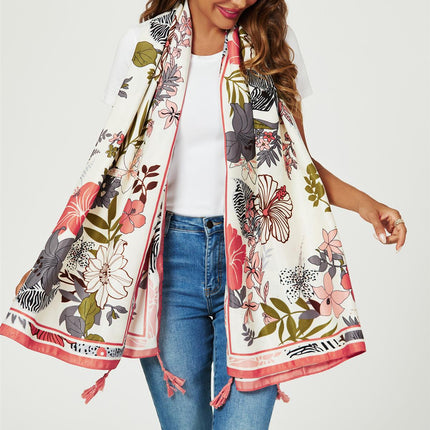 Tropical Floral Print Tassel Scarf In Pink