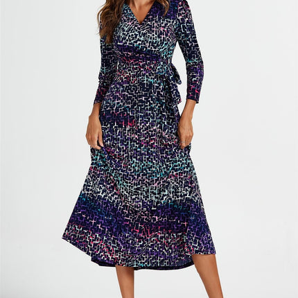 Geometric Print Wrap Top Midi Dress In Navy