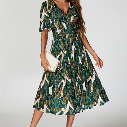Leaf Print Mesh Midi Dress In Green