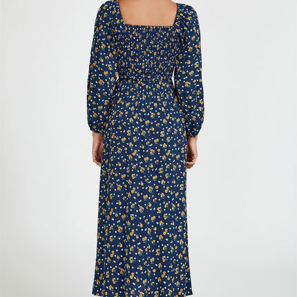 Floral Print Square Neck Maxi Dress In Dark Blue