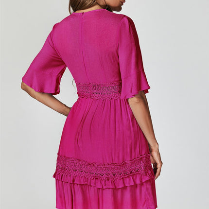 V Neck Lace Mini Dress In Fuchsia