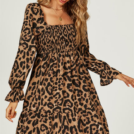 Square Neck Puff Sleeve Mini Dress In Leopard Print