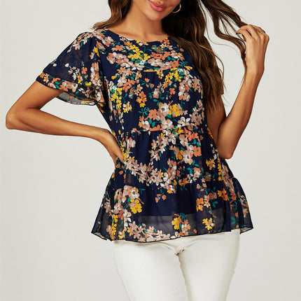 Floral Print Hem Tiered Smock Short Sleeve Blouse Top In Navy