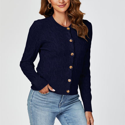 Cable-Knit Crewneck Cardigan In Navy