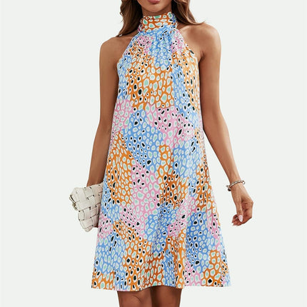 Leopard Print Halter Neck Tie Back Mini Dress In Pink & Blue & Yellow